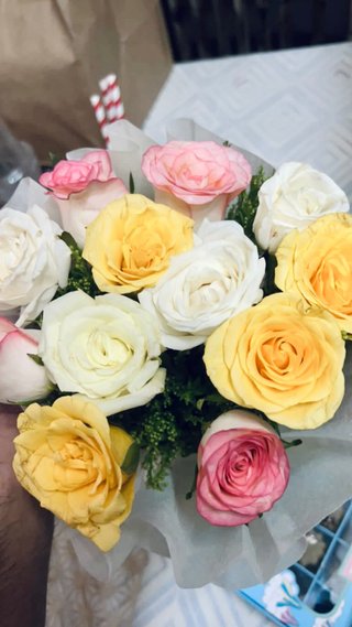 Twelve Yellow Pink White Rose Bouquet