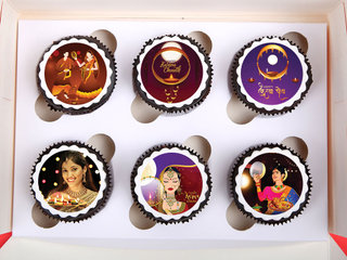 Top View of Six Karwa Chauth Photo Cupcakes in a Box
