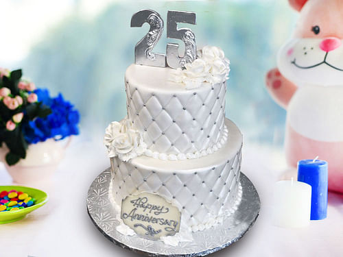 Buy Round Shaped Two Tier Fondant Cake Silver Jubilee Tier Cake