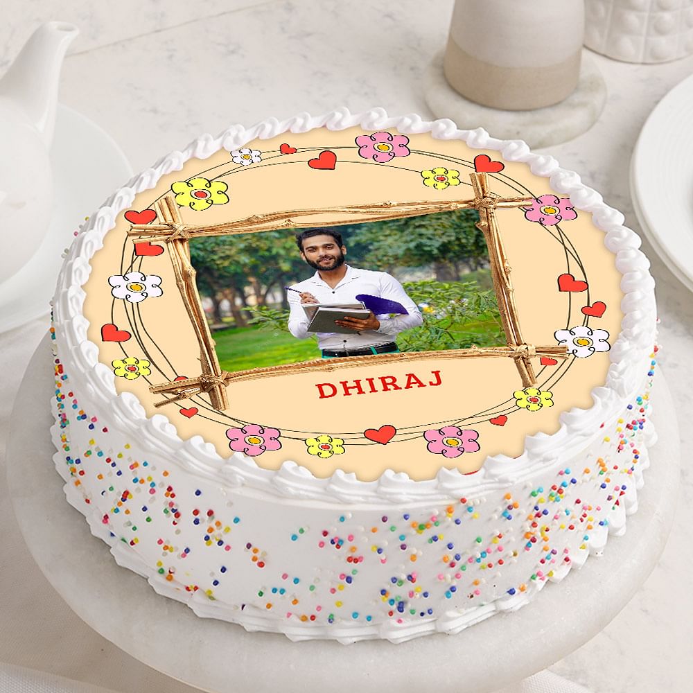 Floral Heart Round Shape Birthday Photo Cake