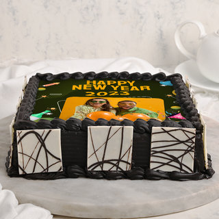 Front View Square Shaped New Year Photo Cake