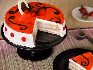 Sliced View of Strawberry Cake With White N Dark Chocolate