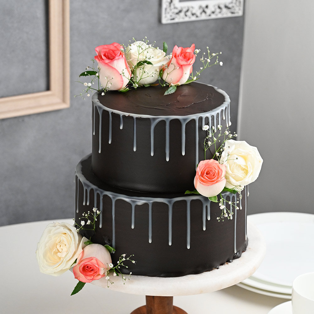 Buy Two Tier Black Floral Cream Cake-Two Tier Flower Cake